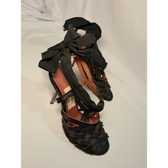 LANVIN Size 37.5 EU/7 US  Black Satin Strappy 3.75" Stiletto Sandals Ribbon Bow - Picture 8 of 12